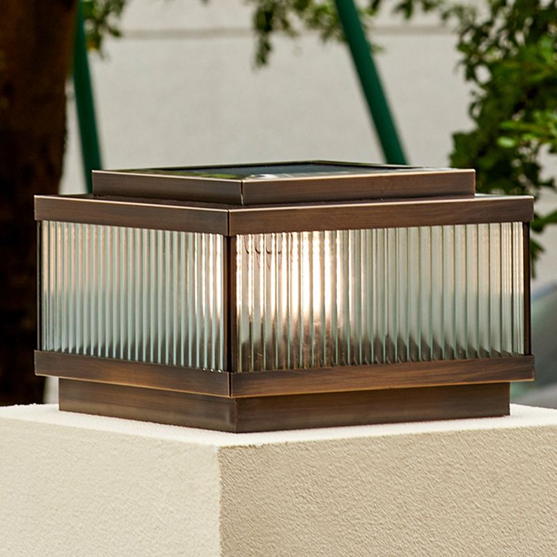 Rectangular Shape Metal Solar Pillar Lamp Modern Style 1 Light Outdoor Light in Bronze