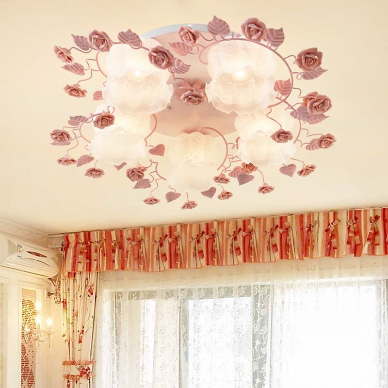 Floral White Glass Ceiling Mounted Fixture Traditional 3/5 Bulbs Living Room Flush Mount Lamp in Pink/Green