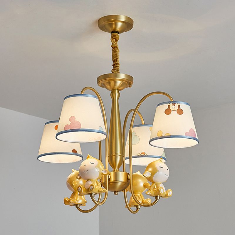Animal Nursery Ceiling Lighting Resin Childrens Chandelier Light Fixture with Tapered Fabric Shade in Gold