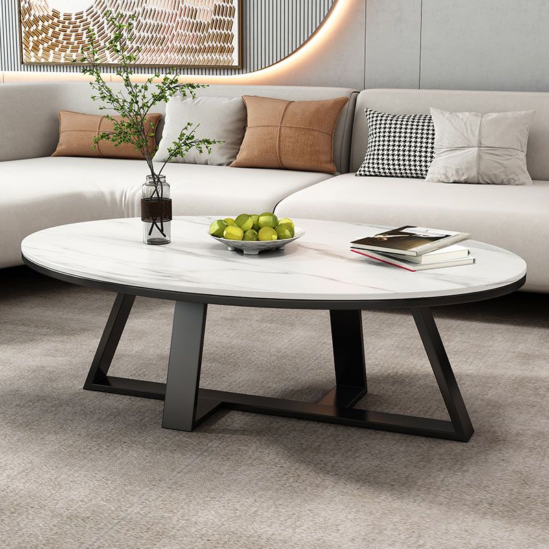 Metal Cross Legs Cocktail Table Luxurious Oval Stone Top Coffee Table