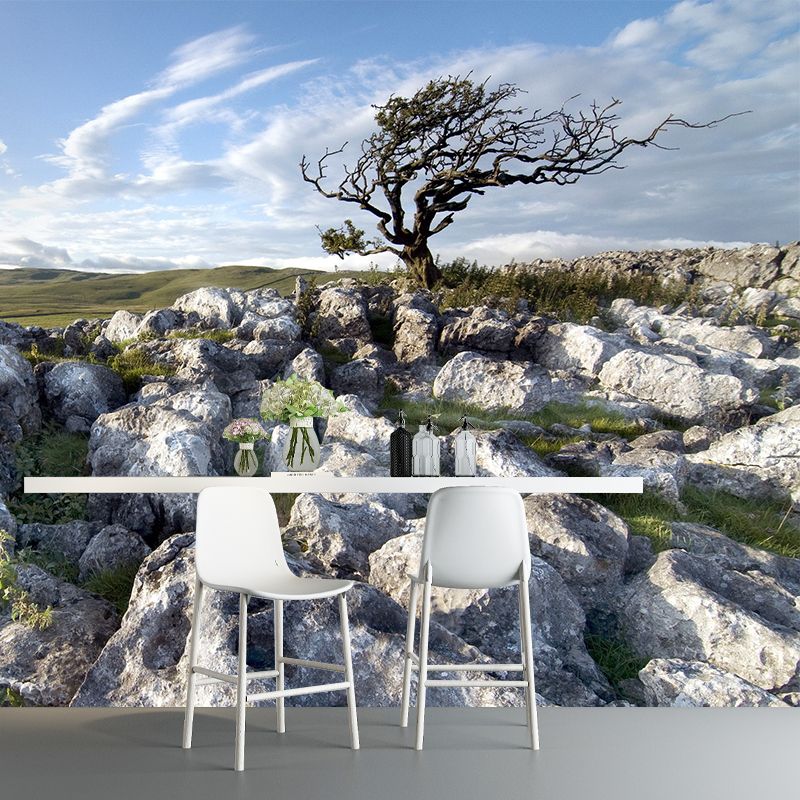 Whole Landscape Mural Decal Modern Fascinating Stone and Leafless Tree Wall Decor in Grey