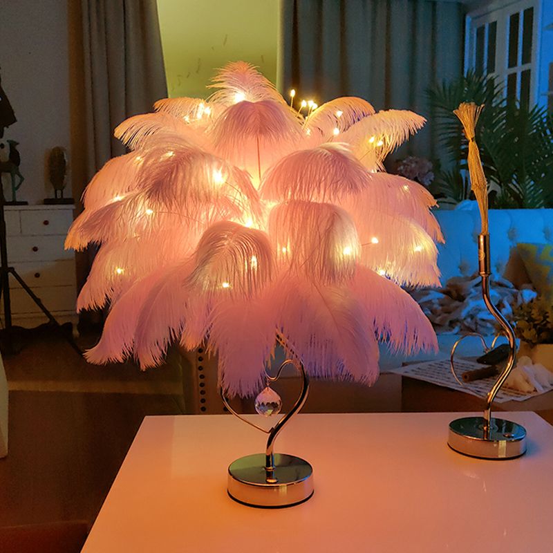Luz de la mesa de plumas de palmera de palmera Lámpara de santín de color rosa/blanca moderna rosa/blanca con caída de cristal K9