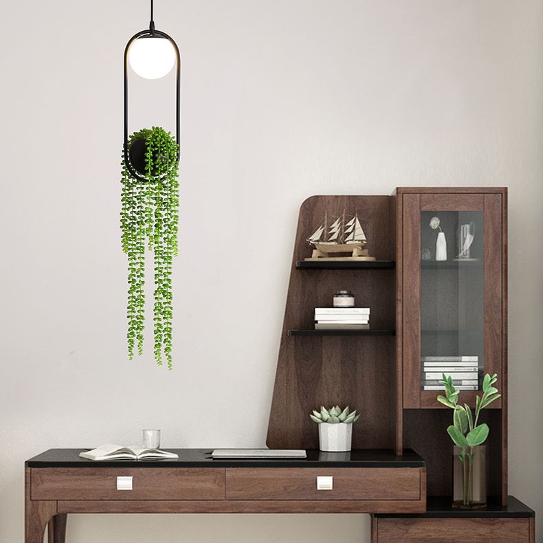 Modern Oval Metal Hanging Lamp White Glass Globe Shade 1 Light Pendant Light with Green Plant