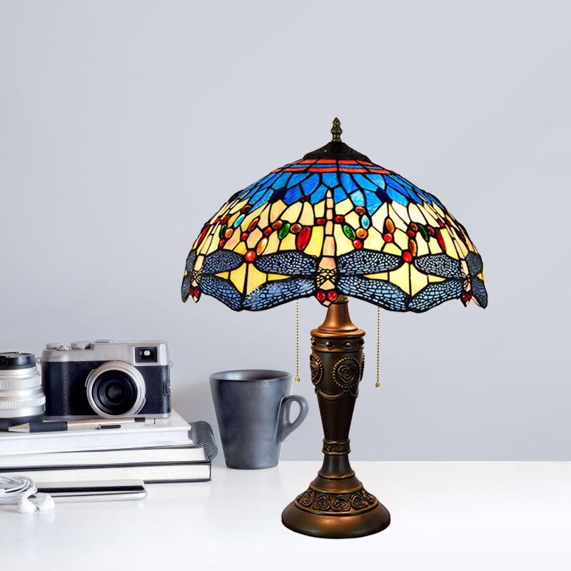 Mediterranean Dragonflies Jeweled Table Lamp 2 Bulbs Blue-Green/Yellow-Blue Glass Nightstand Light with Pull Chain Switch