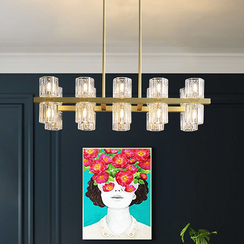 Cylindrical Crystal Island Pendant Postmodern 10/20 Lights Dining Table Hanging Light Fixture in Gold