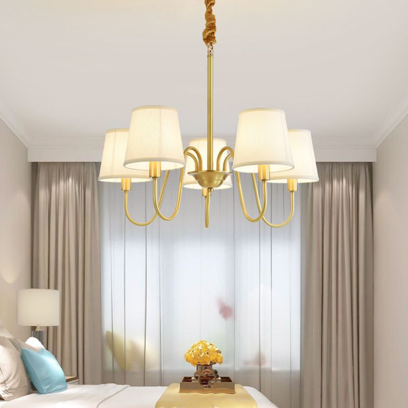 Fabric Bucket Shade Suspension Light Simplicity Living Room Chandelier Light in Brass