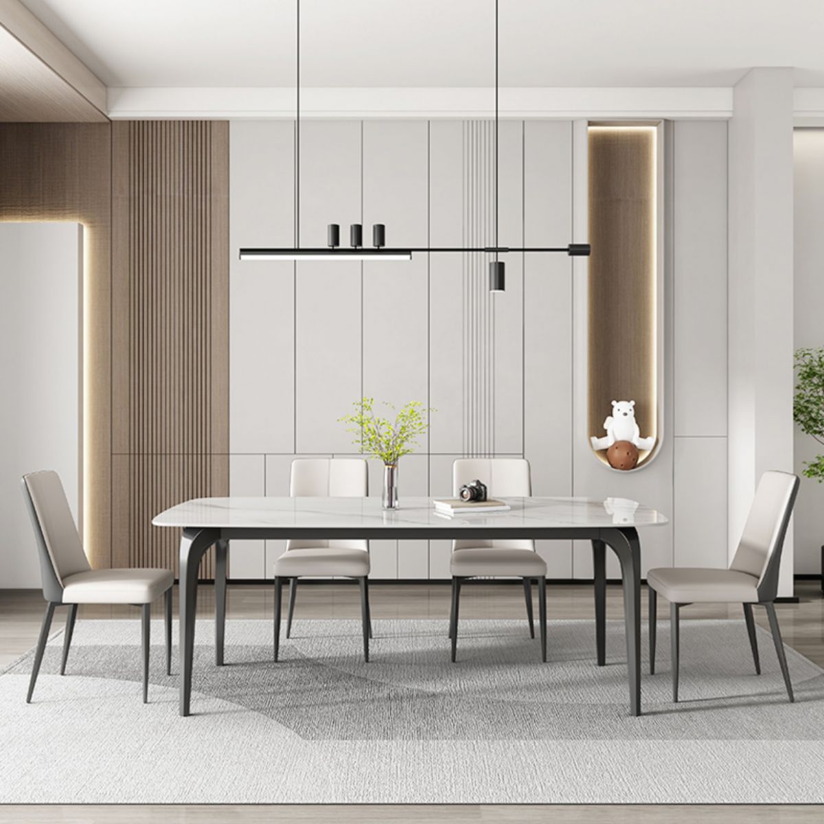 Contemporary White Rectangular Stone Dining Table with 4 Legs