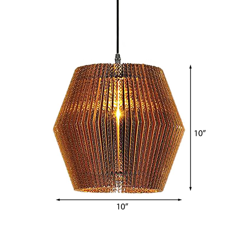 1 lampe à suspension légère avec cylindre / ombre ovale en papier ondulé de papier élégant asiatique élégant luminaire en marron en marron