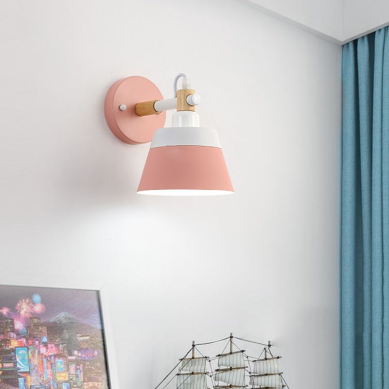 Asian Drum Sconce Light Fixture Wooden 1 Bulb Bedroom LED Wall Mount Lighting in White/Pink