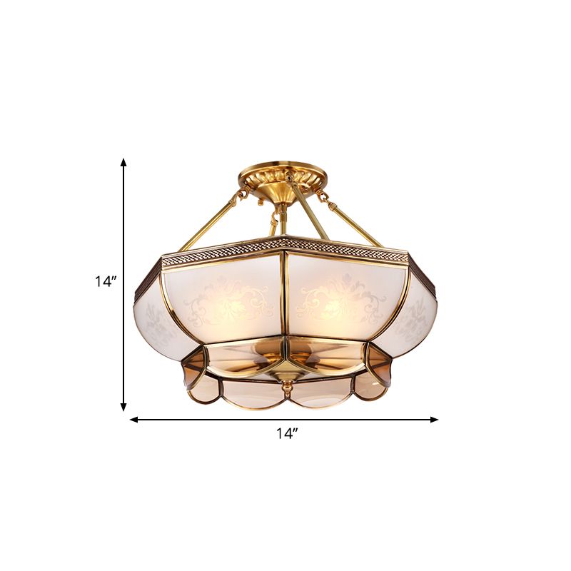 3/4 Bulbs Dome Ceiling Light Fixture Colonial Brass Satin Opal Glass Semi Flush Mount Lighting for Living Room, 14"/18" Dia