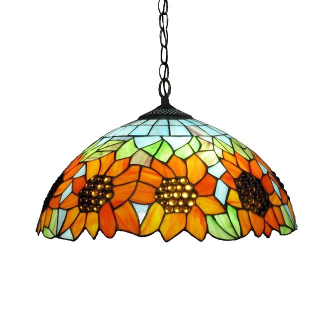 12"/16" Wide Domed Hanging Lamp Tiffany-Style 1 Bulb Black Hand Cut Glass Pendant Ceiling Light with Sunflower Pattern, A/B/C/D