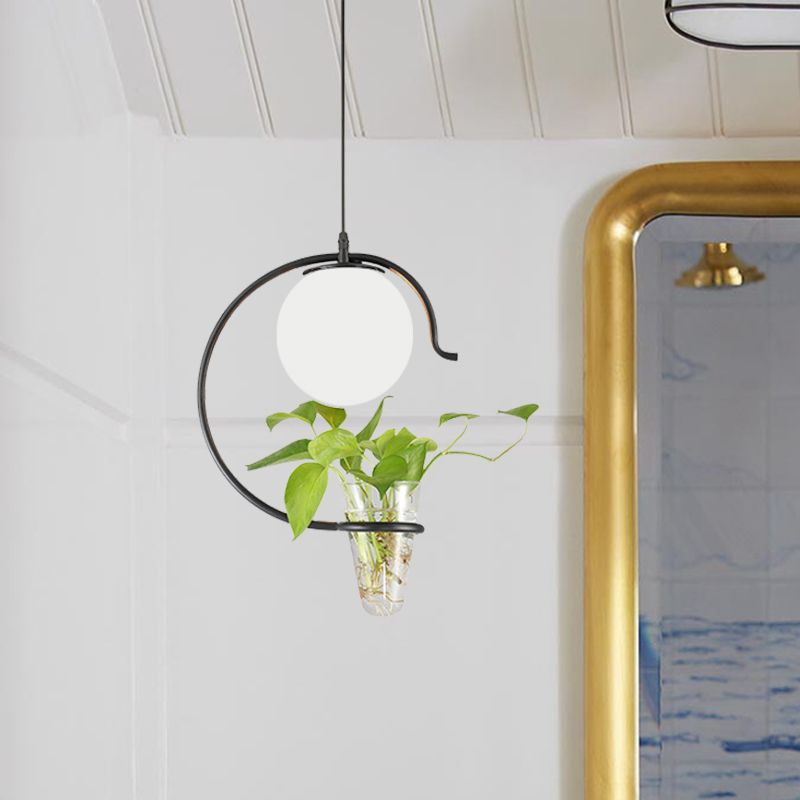 Industrial Globe Metal Hanging Pendant 1 Bulb Milk White/Smoke Grey Glass LED Suspension Light in Black/Gold