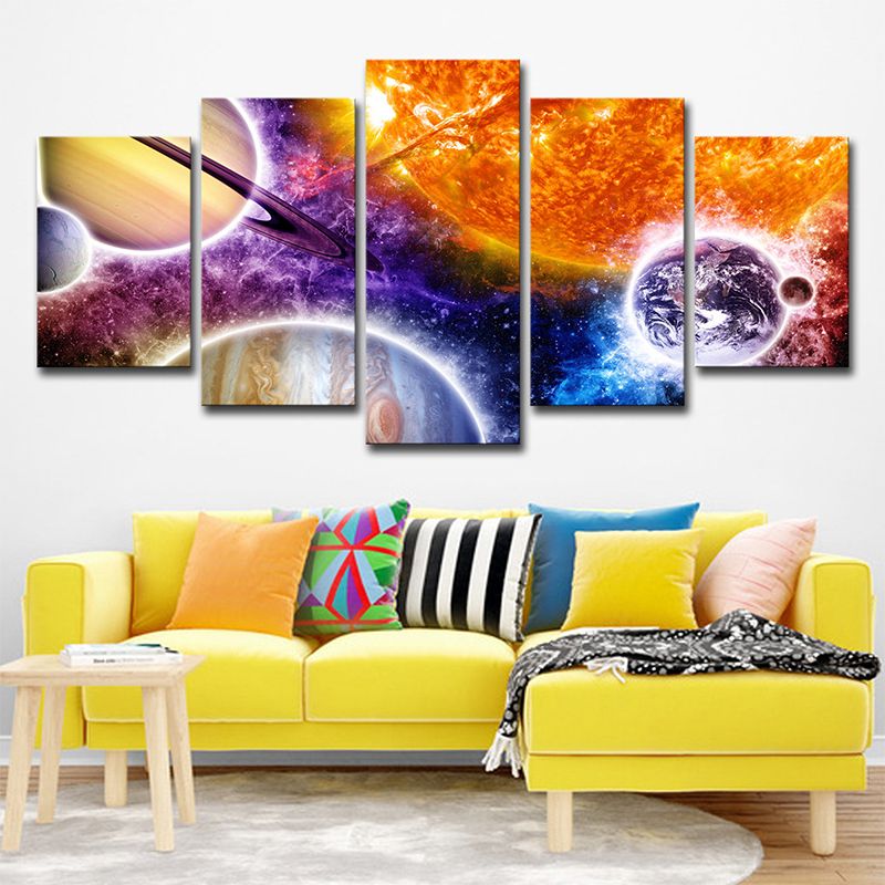 Universe Planet and Nebula Canvas Print Kids Multi-Piece Wall Art in Orange-Purple
