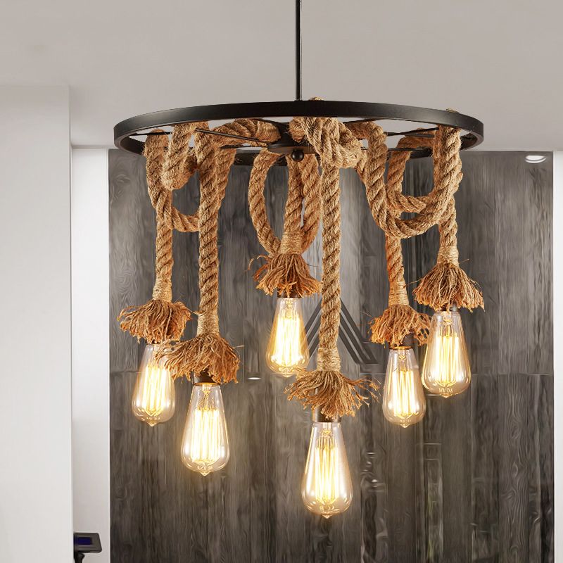 Wheel Metal Hanging Lamp Retro Style 6 Lights Hallway Ceiling Light with Adjustable Rope in Brown