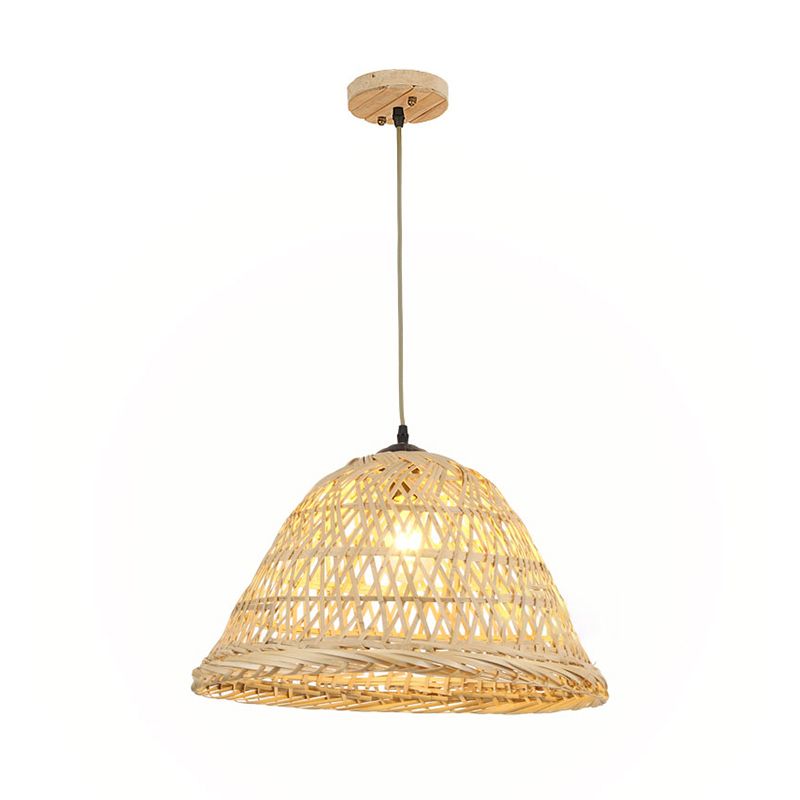 Beige Bell Shaped Pendant Lighting Nordic 1 Head Bamboo Hanging Ceiling Light for Dining Room