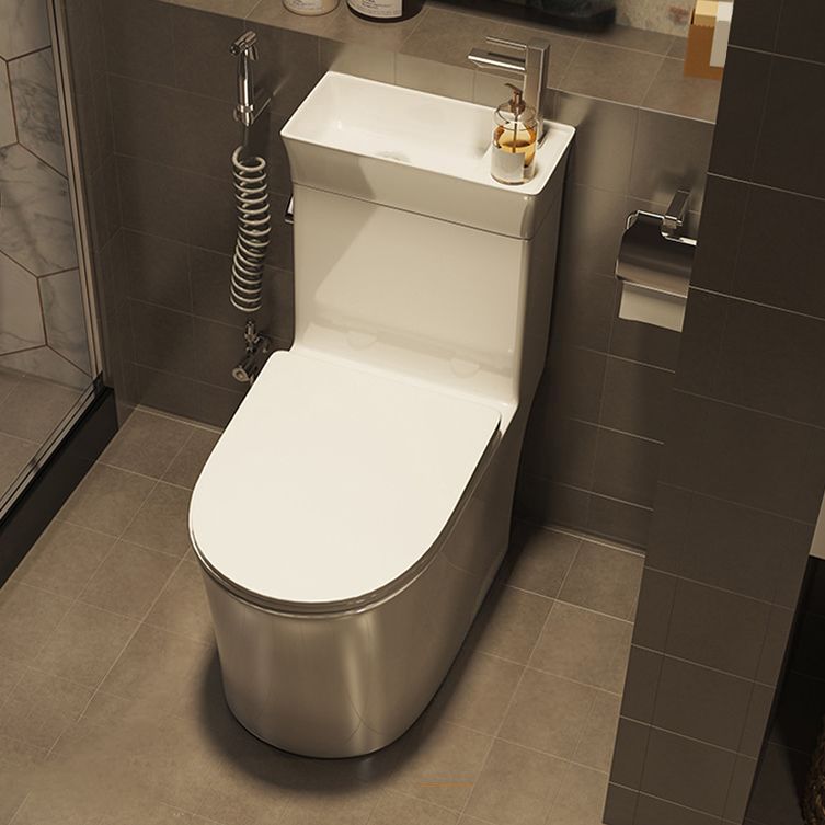 1-Piece Elongated Flush Toilet Ceramic Toilet Bowl with Wash Basin