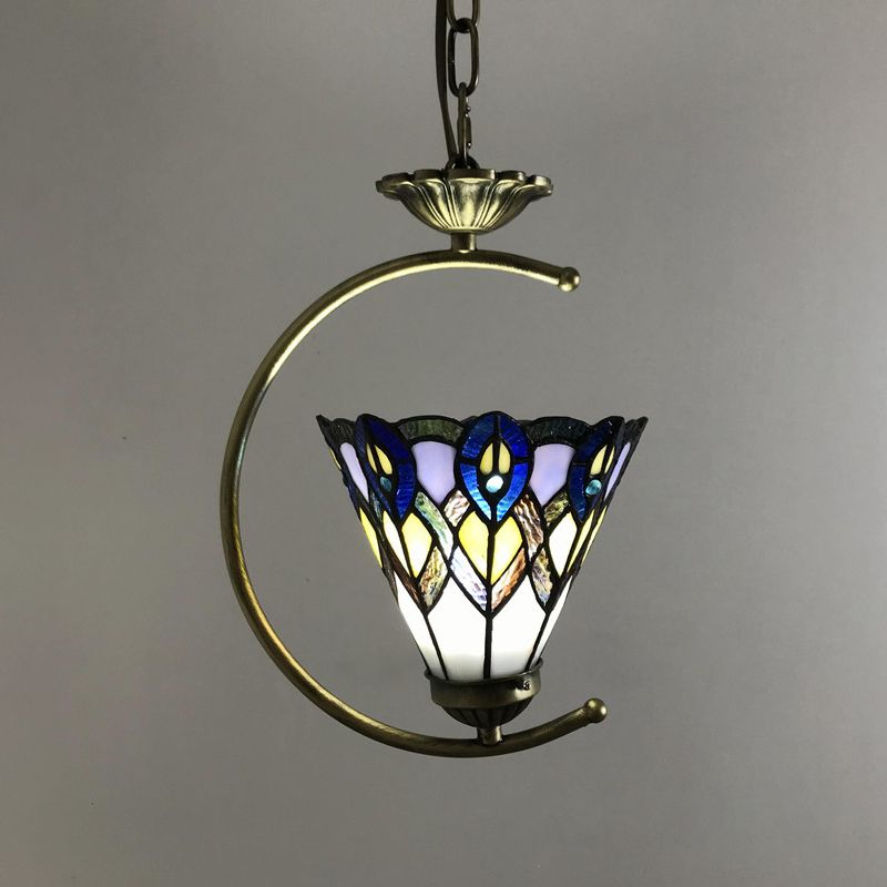 Bronze 1-Head Pendant Light Kit Baroque Metal C-Frame Hanging Lighting with Geometry Cut Glass Shade