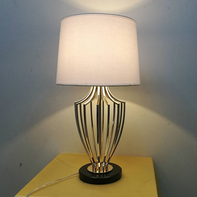 Minimal Barrel Night Table Lamp Fabric 11"/14" W 1 Head Bedroom Desk Lighting in Black/White with Urn Cage Base