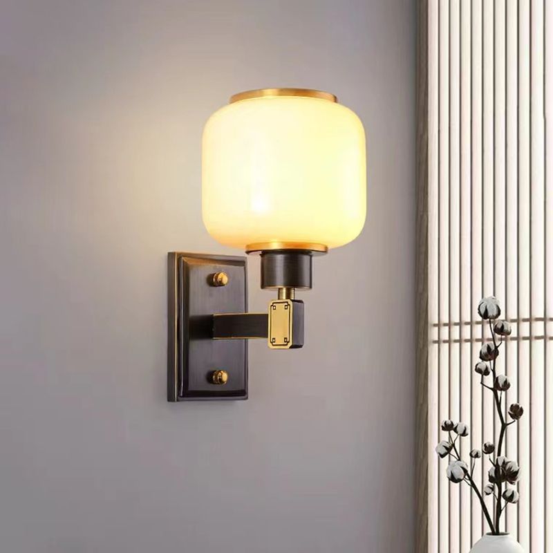 Modern Metal Wall Sconce Lantern Shape Wall Light with Glass Shade for Bedroom
