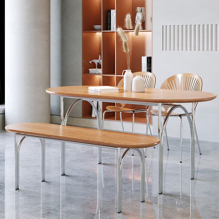 Oval 4 Legs Steel Dining Table Modern Wood Top Chrome Base Dining Site Table