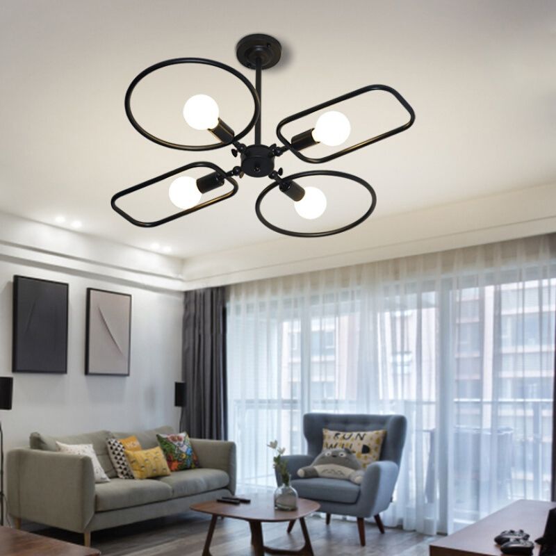 Simple Ring and Rectangle Ceiling Lamp Metal 4 Lights Black Ceiling Mount Light for Living Room