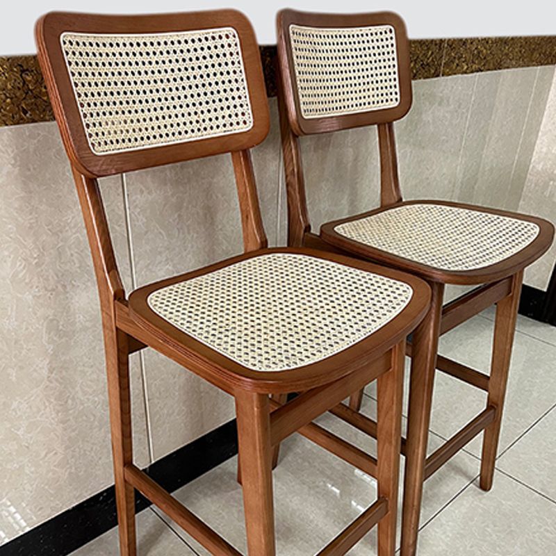 Contemporary Wood Bar and Counter Stool Rattan Low Back Stool with 4 Legs