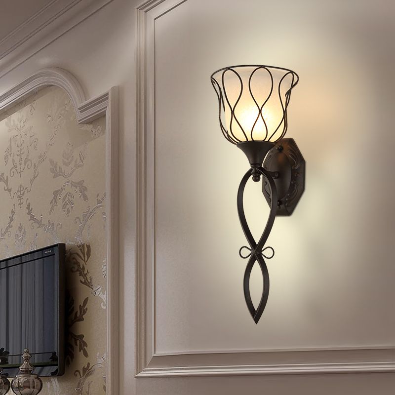 1 Light Metal Wall Lamp Rustic Black Bell Corridor Sconce Light Fixture with Opal Glass Shade