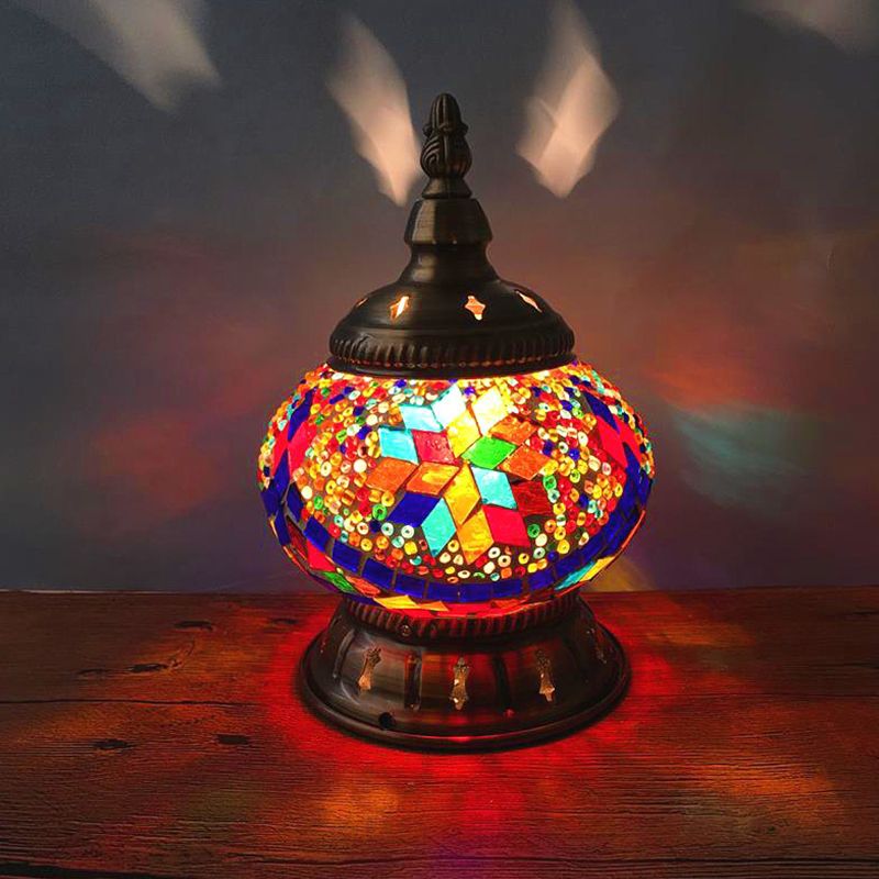 Lampada da notte a forma di zucca in vetro colorato, marocchina, con 1 lampadina, illuminazione da tavolo per camera da letto, in blu/arancione/bianco