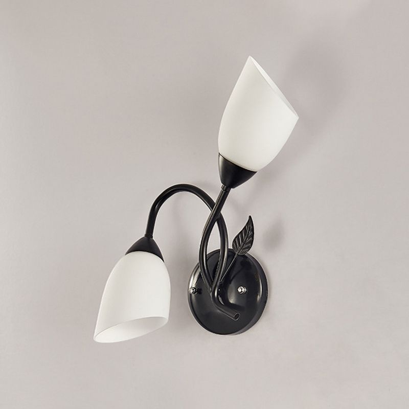 Rustic Tulip Wall Sconce Light 2 Bulbs Opal Frosted Glass Wall Mounted Lamp in Black/Gold for Bedroom