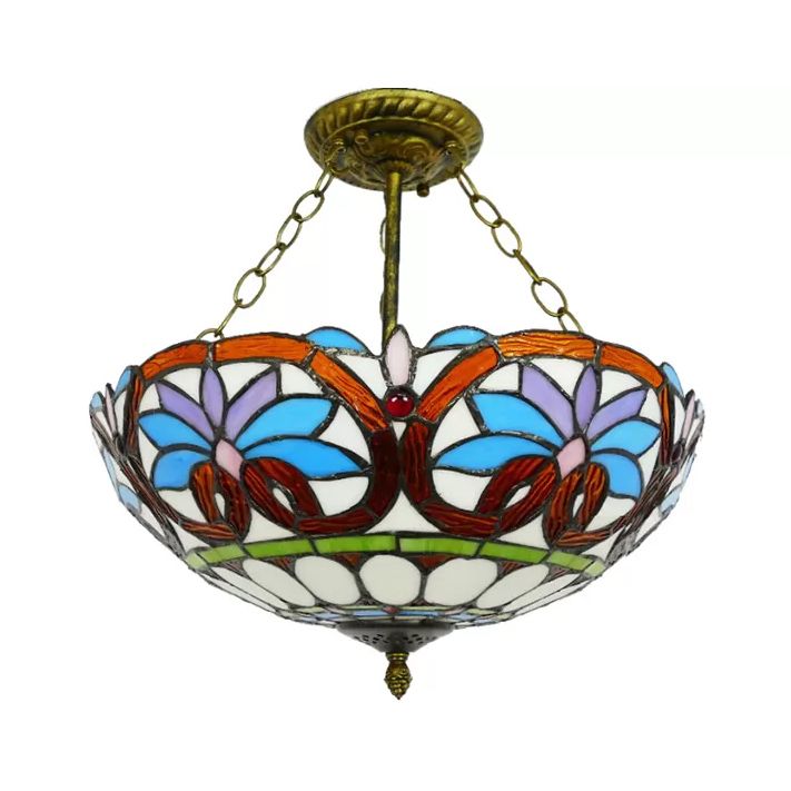 12"/16" Wide Victorian Design Bowl Ceiling Fixture Tiffany Style Stained Glass Semi Flush Mount Light in Red/Purple/Brass/Orange-Blue/Orange-Purple for Villa
