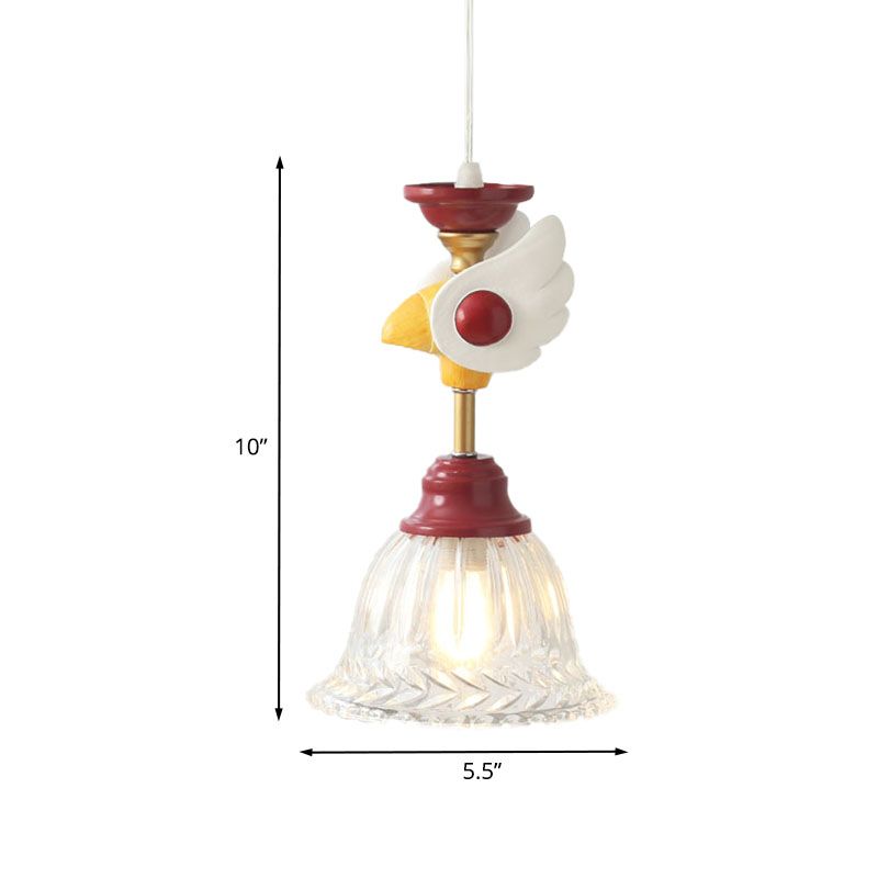 Bell Clear Glass Drop Lamp Cartoon 1-Head Red Down Lighting Pendant with Globe/Bird Design for Bedroom
