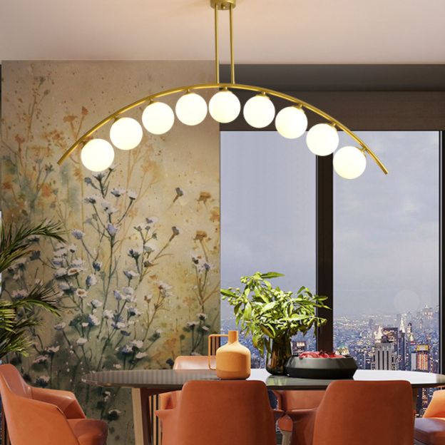 Mid-Century Modern Gold Metal Island Pendant Lighting Spherical Glass Island Ceiling Light for Dining Table