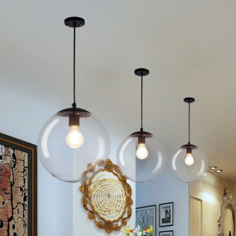 Spherical Pendant Light Simplicity Clear Glass 1-Bulb Black Suspended Lighting Fixture