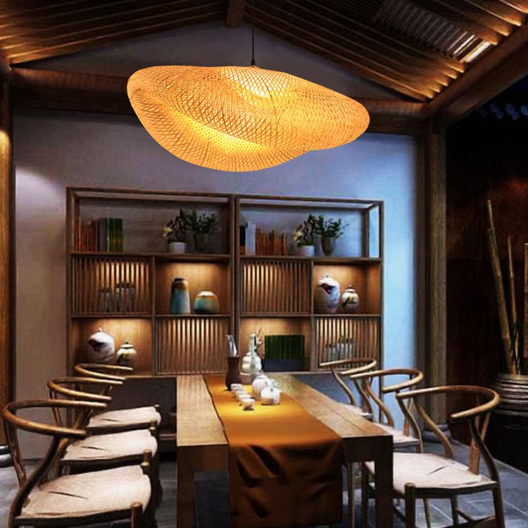 1-Light Pendant Lamp South-East Asia Style Hat Shape Bamboo Chandelier Kitchen Lamps