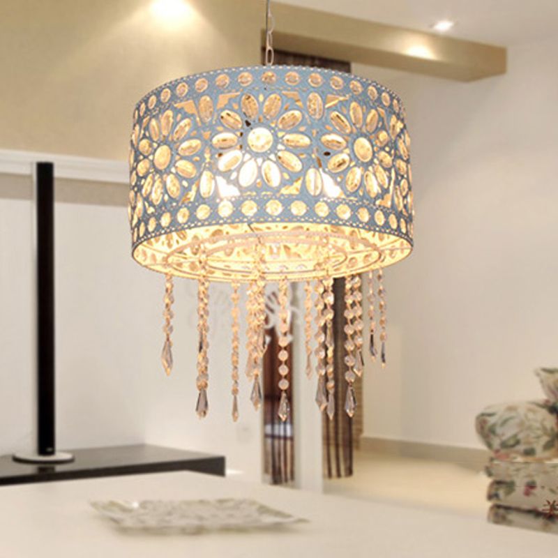 Drum Restaurant Chandelier Lighting Art Deco Metal 3 Bulbs White/Black Pendant Light Fixture with Crystal Accent