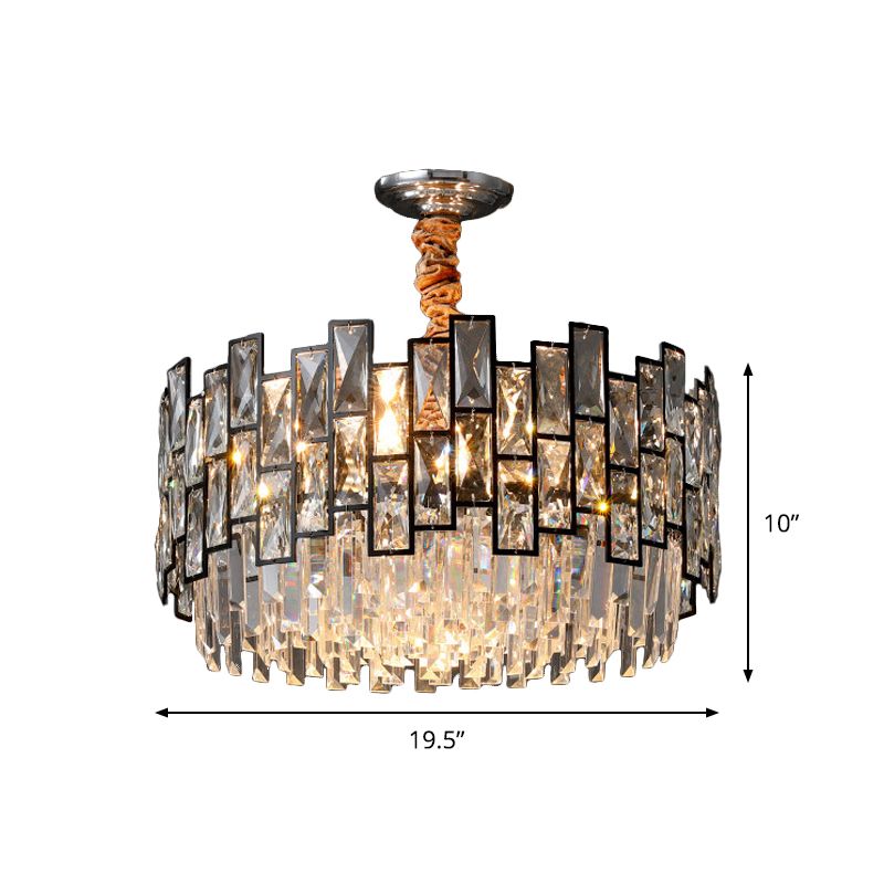 Black 9-Head Suspension Lamp Contemporary Clear Crystal Prism Dual-Layered Chandelier