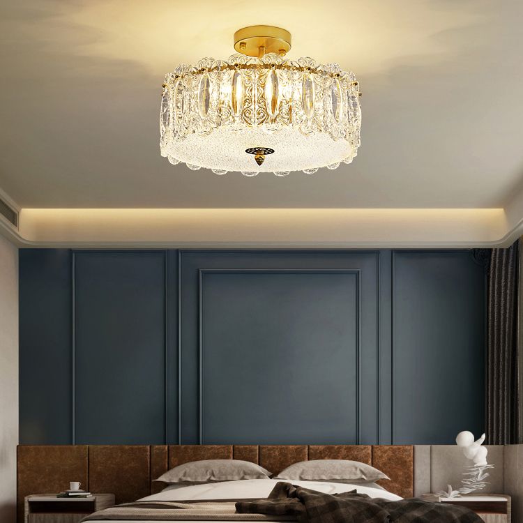 Lampe de plafond de forme ronde Mount à chasse d'eau en fer moderne avec abat-jour en verre pour chambre à coucher