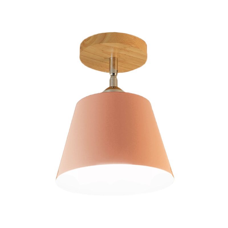 1 Light Tapered Semi Flush Pendant Light Modernism Gray/Pink Metal and Wood Adjustable Ceiling Light