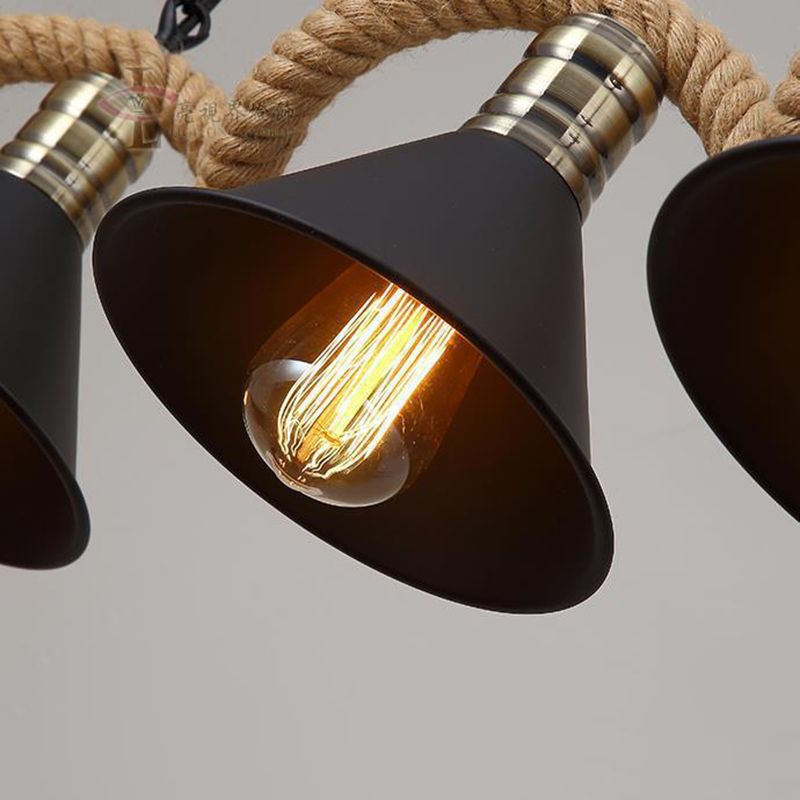 Black Conical Island Lighting Industrial Hemp Rope 3-Head Dining Room Pendant Lamp