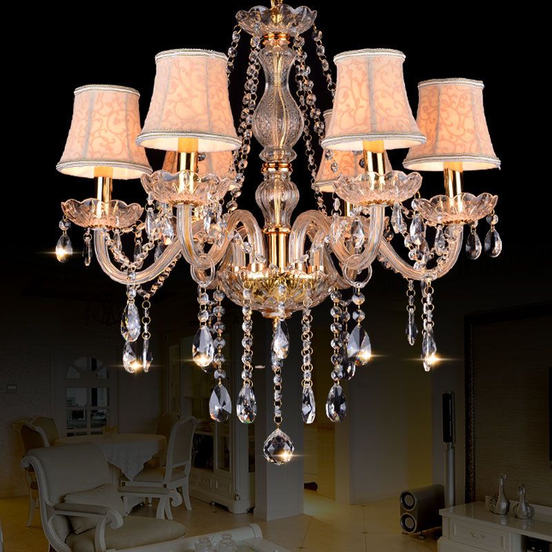 Armed Clear K9 Crystal Pendant Chandelier Rustic 6/8/10 Heads Beige Hanging Ceiling Light with Flared Fabric Shade