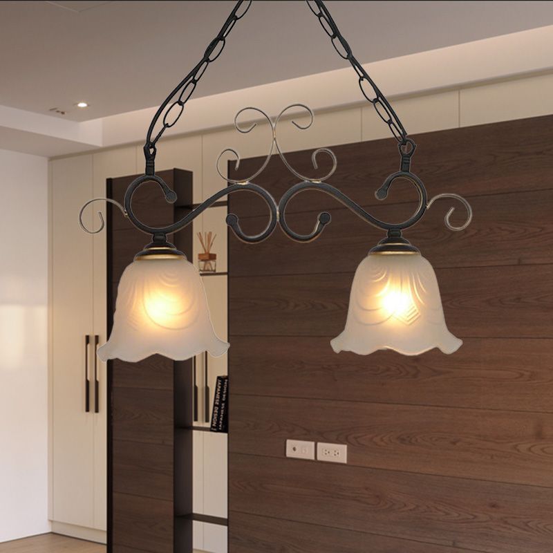 Flared Frosted Glass Hanging Pendant Light Traditional 2/3 Lights Dining Room Island Lighting Fixture in Black