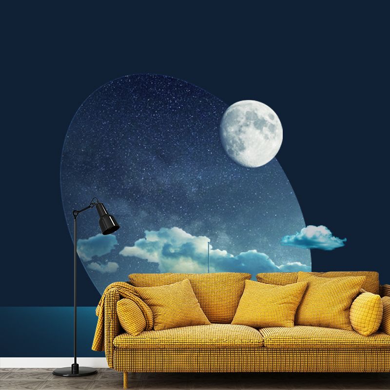 Moon Night Ocean Ship Mural Wallpaper Science Fiction Smooth Wall Covering in Blue
