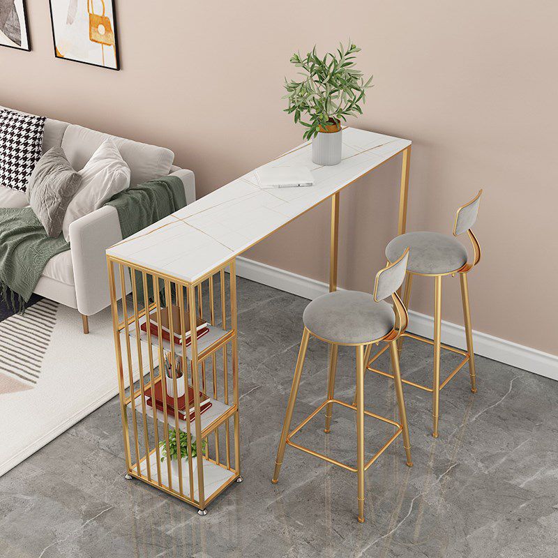 Glam Rectangle Pub Table for Living Room Glossy White Stone Top Bar Table with Storage