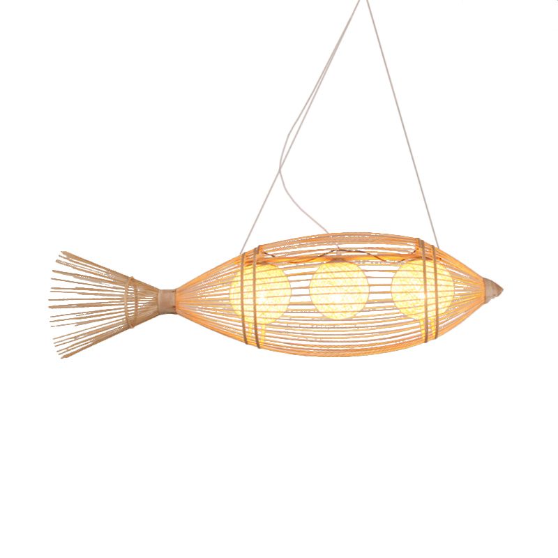 Chinese Fish Shaped Pendant Lamp Bamboo 3 Lights Bistro Chandelier with Ball Shade Inside in Wood
