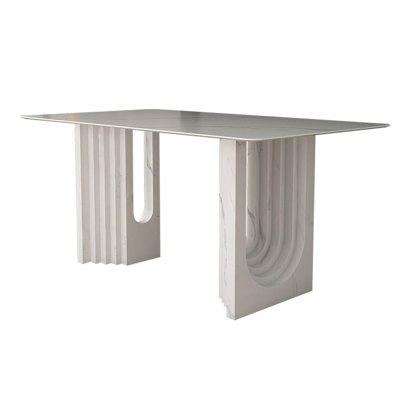 47.24''L Contemporary Sintered Stone Table White Dining Table with Double Pedestal Bases
