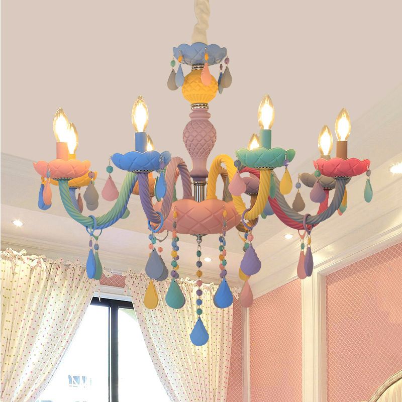 Girl Bedroom Candle Pendant Light Multi-Color Glass Macaron Chandelier