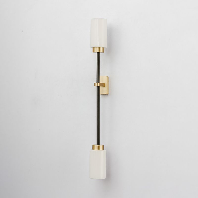 2 Heads Living Room Sconce Light Modernism Gold Wall Mount Lamp with Tube White Glass Shade