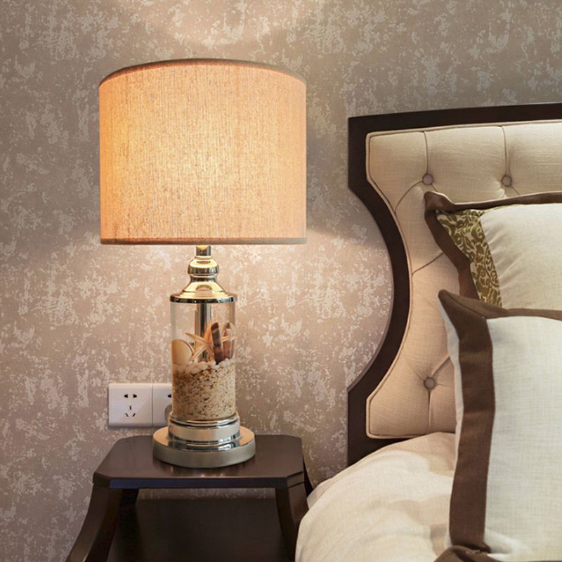 Lampada da tavolo da notte in metallo a 1 luce Antique in stile antico bianco Base da letto Base Base Light con tonalità in tessuto tamburo