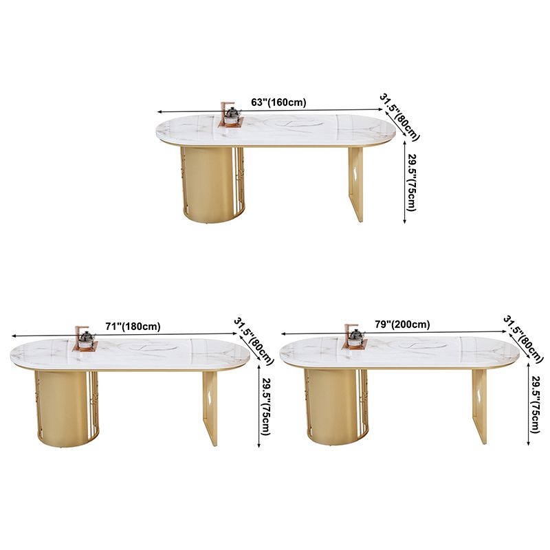 Traditional Luxury Oval Dining Table Sintered Stone Table with Gold Double Pedestal for Dining Room