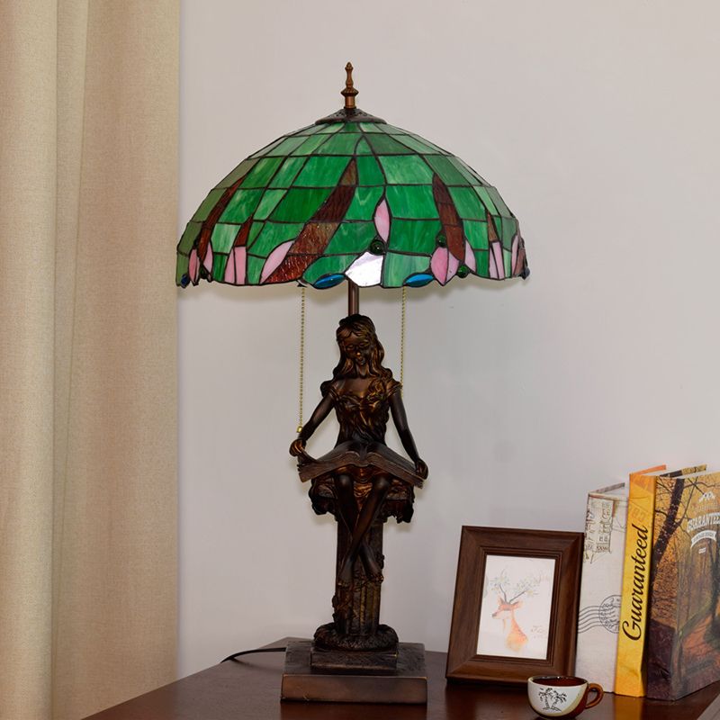 Mädchen Lesen Harz Ziehen Kettentisch Leichte Tiffany 2 Köpfe Kaffee Nachttisch Lampe mit Schüssel grüner Glasschatten